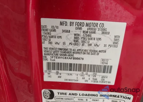 2010 Ford F-150 Fx2 Sport/Xl/Xlt z USA, uszkodzony, nr VIN 1FTEW1C8XAFB95678